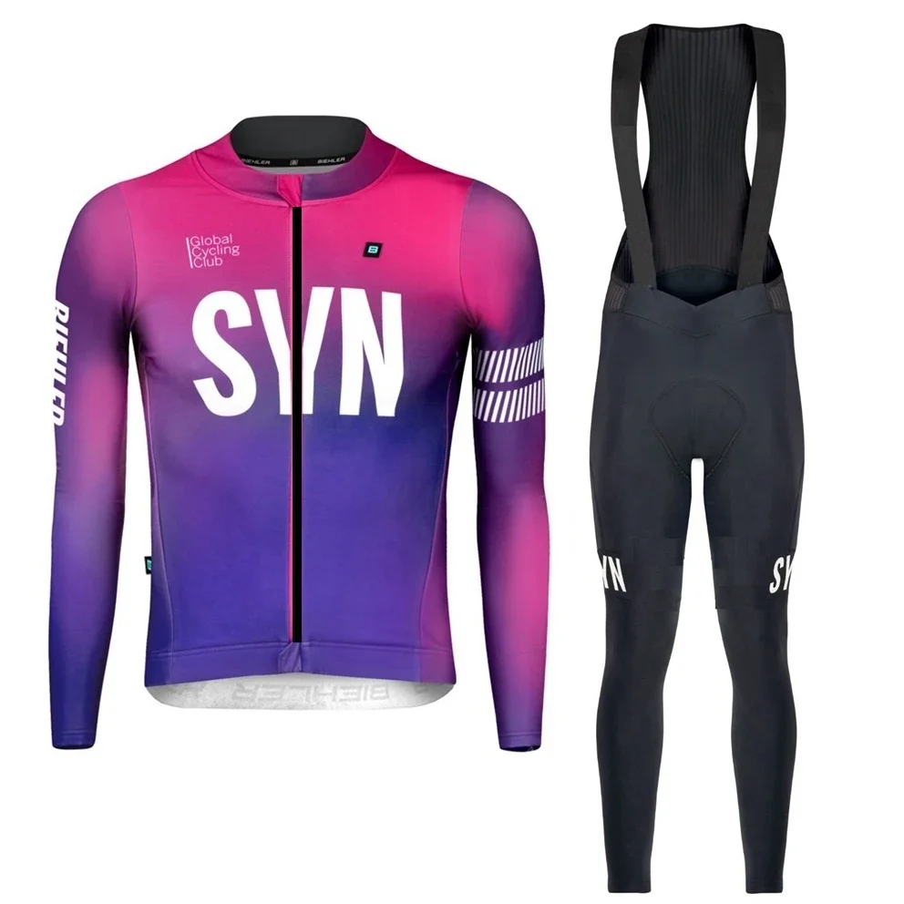 Race Bib - ชุดปั่นจักรยานแขนยาวสีสันสดใสสำหรับผู้ชาย เสื้อเจอร์ซีย์สำหรับแข่งขันปั่นจักรยานบนถนนแบบเข้ารูป และกางเกงขาสั้นสะท้อนแสงพร้อมโลโก้ ป้องกันรังสียูวี
